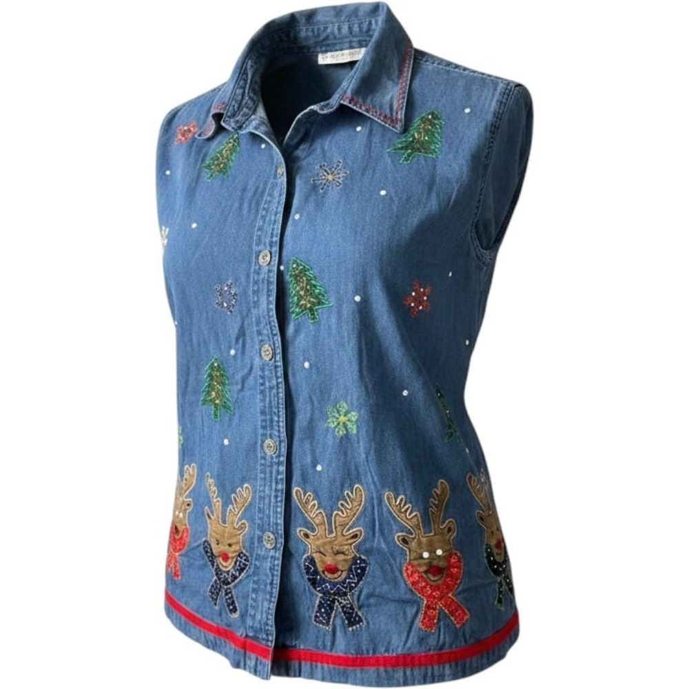 Dressbarn Woman Denim Christmas Shirt 2X Reindeer Applique Holiday Button Down‎